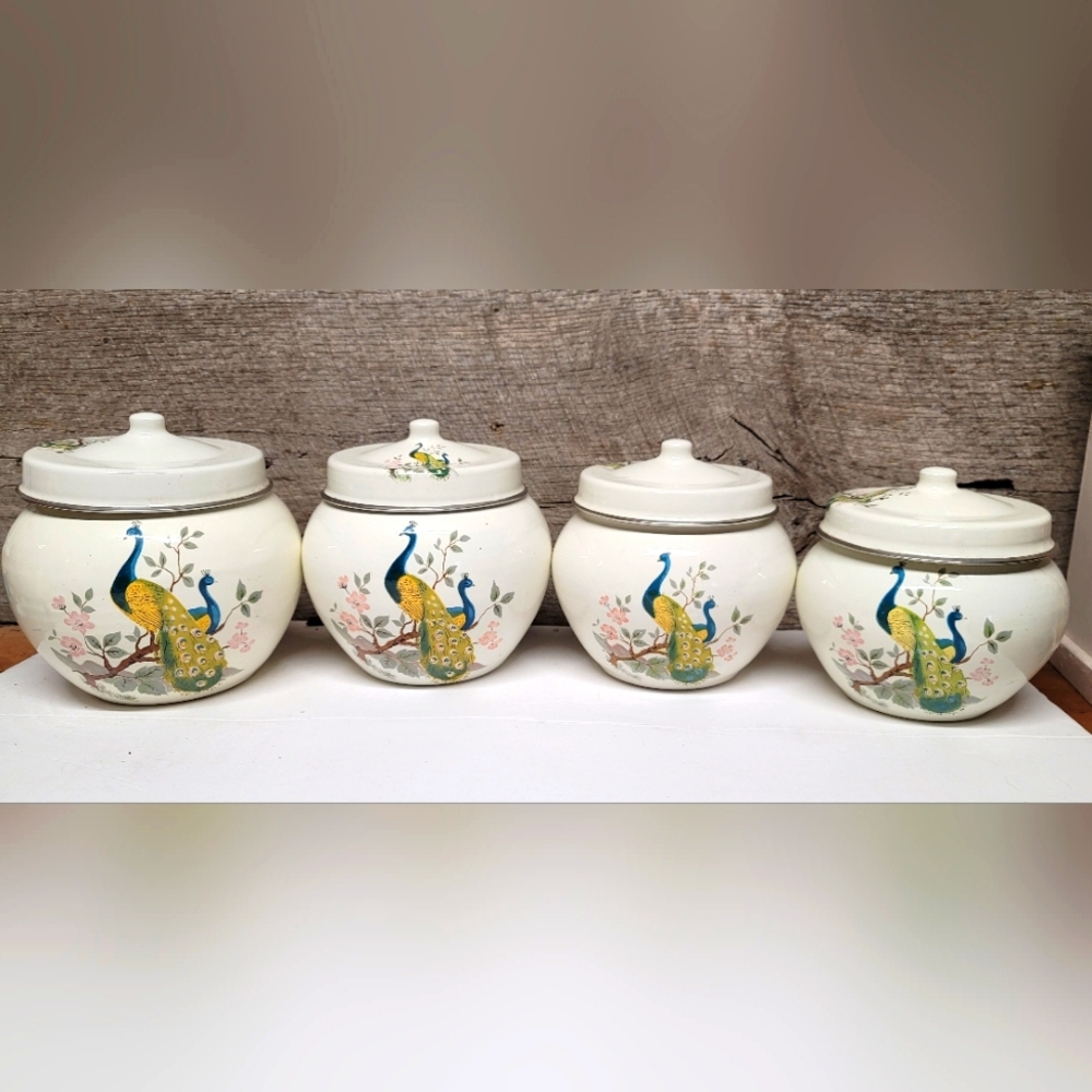 4 Piece Beautiful Vibrant Vintage Rare Enamel Peacock Canister Set With Lids